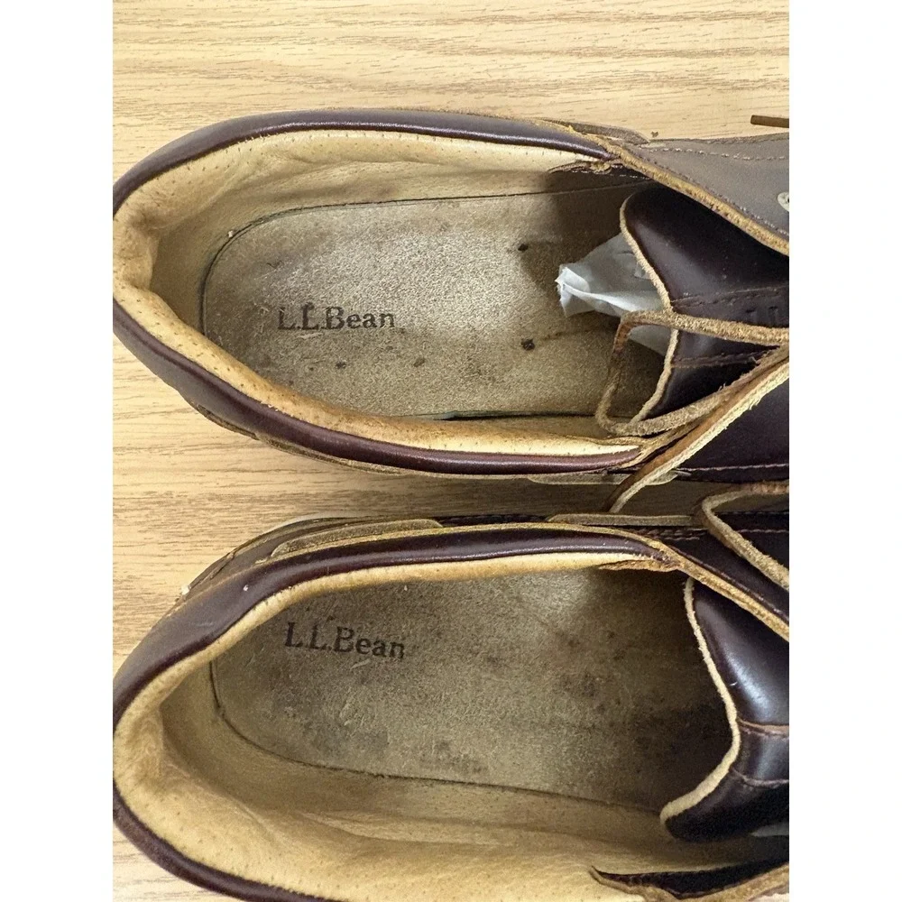 LL Bean Moccasin Loafers Men 11 Brown Leather Hand Sewn Slippers Flannel Lined